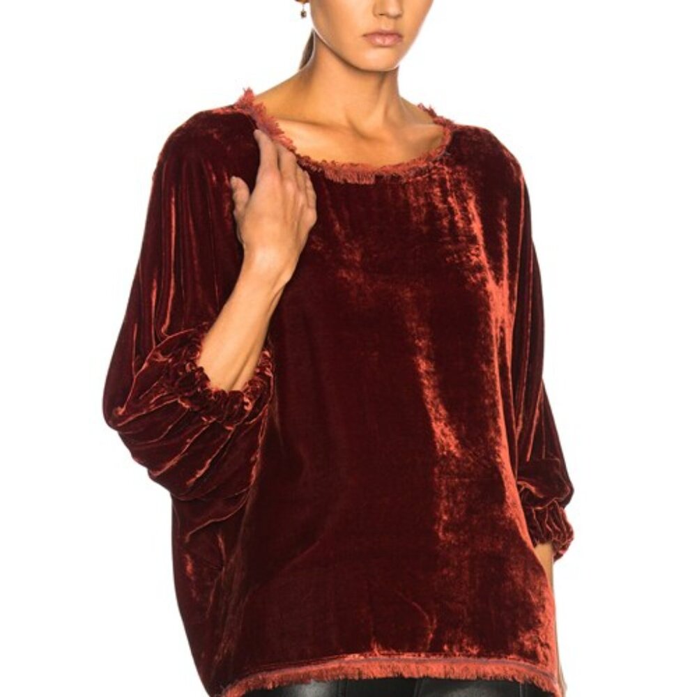 Sundance Womens Red Velvet Peasant Top Blouse Silk Blend Boho Fringe Oversized L
